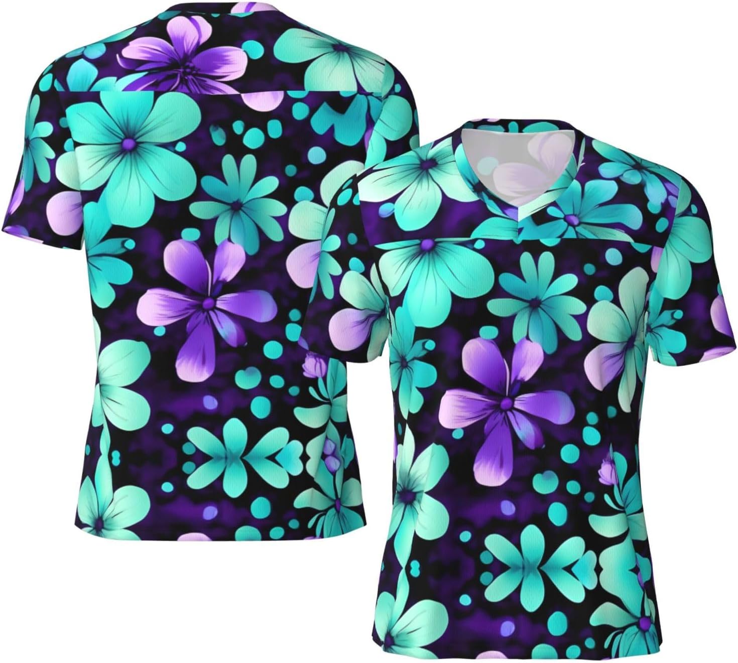 Purple and Teal Flowers Rugby Football Jersey for Men, Comfortable V-Neck Loose Fit Top for Team Sports Athletics