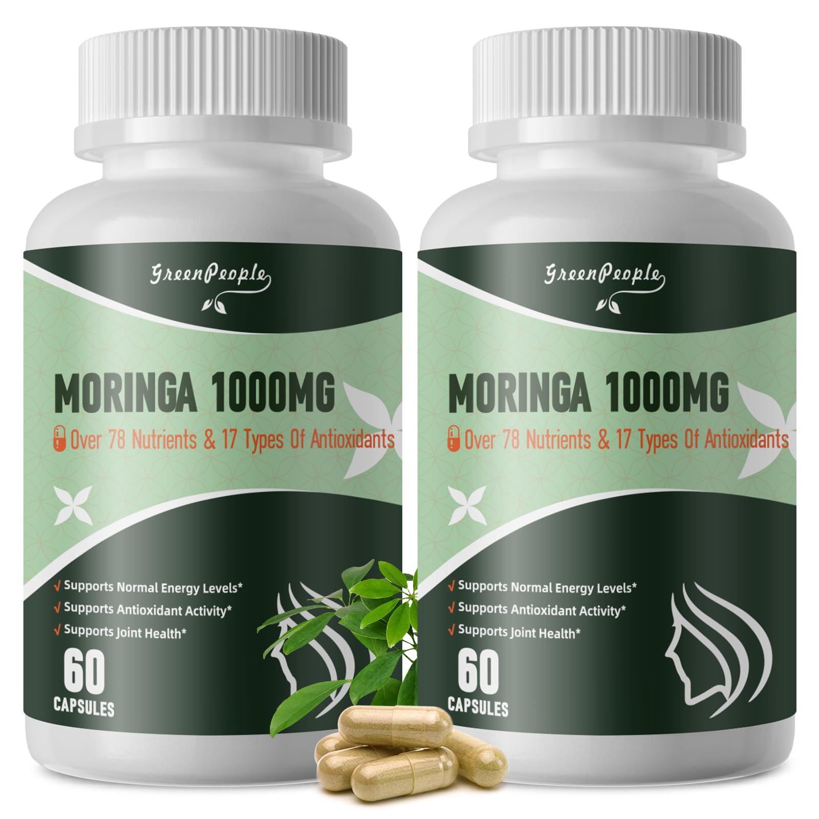 Moringa Capsules,Rich Moringa Powder with Turmeric & Ginger,A Natural Green Antioxidant Superfood - Supports Energy,Skin Health,Gut Health,60pcs 2packs