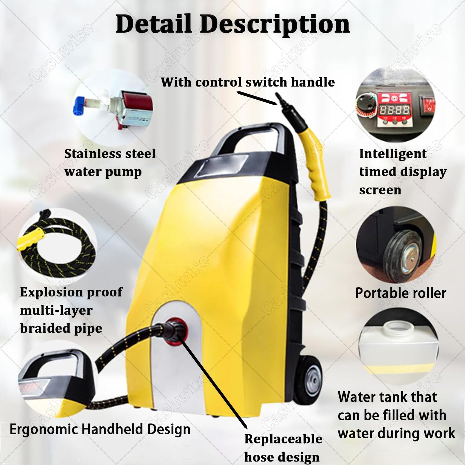 Hidrolimpiadora de Vapor de Alta presión, 3000 W con Accesorios y depósito de 3,5 L, para Patio y Coche, portátil para Limpiar entradas de vehículos, Jardines, Suciedad y Grasa. Yellow