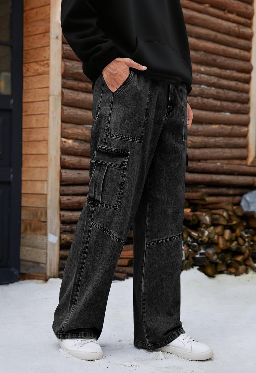 Mens Baggy Cargo Jeans Wide Leg Elastic Waist Jean Loose Fit Casual Denim Utility Pants Streetwear