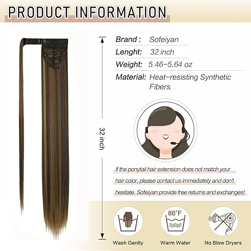 Miniatura 4 de SOFEIYAN Extensión de cola de caballo larga y recta de 32 pulgadas, extensiones de cabello sintético con clip para mujer, color marrón oscurocastaño