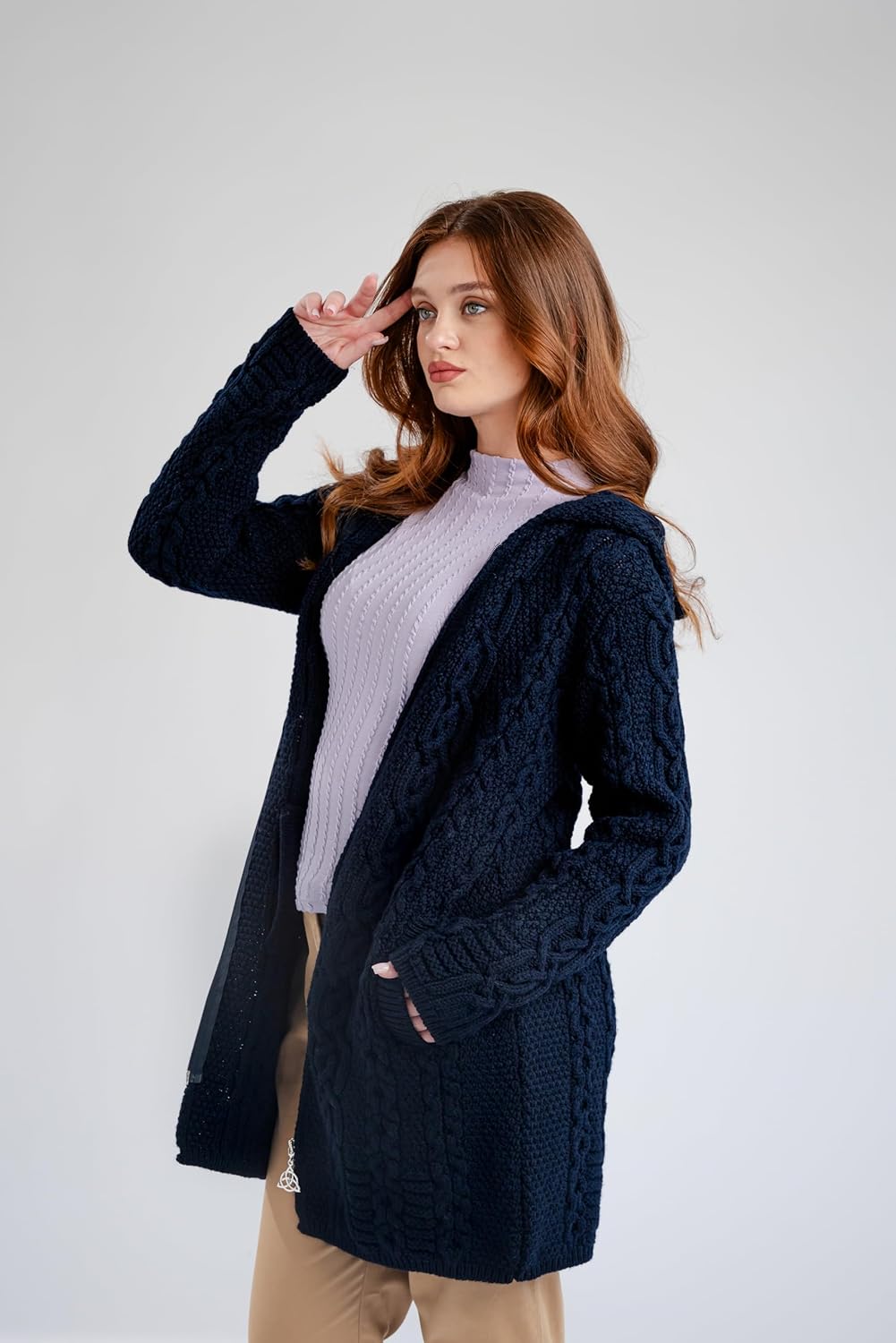 SAOL 100% Merino Wool Aran Irish Cardigan for Women with Pockets, Hood and Celtic Zipper - Image 4
