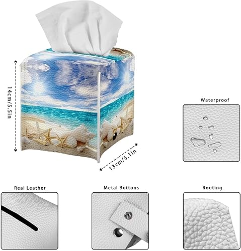 Miniatura 6 de Funda para caja de pañuelos con temática de playa, diseño de conchas y estrellas de mar, soporte cuadrado para caja de pañuelos de piel sintética,