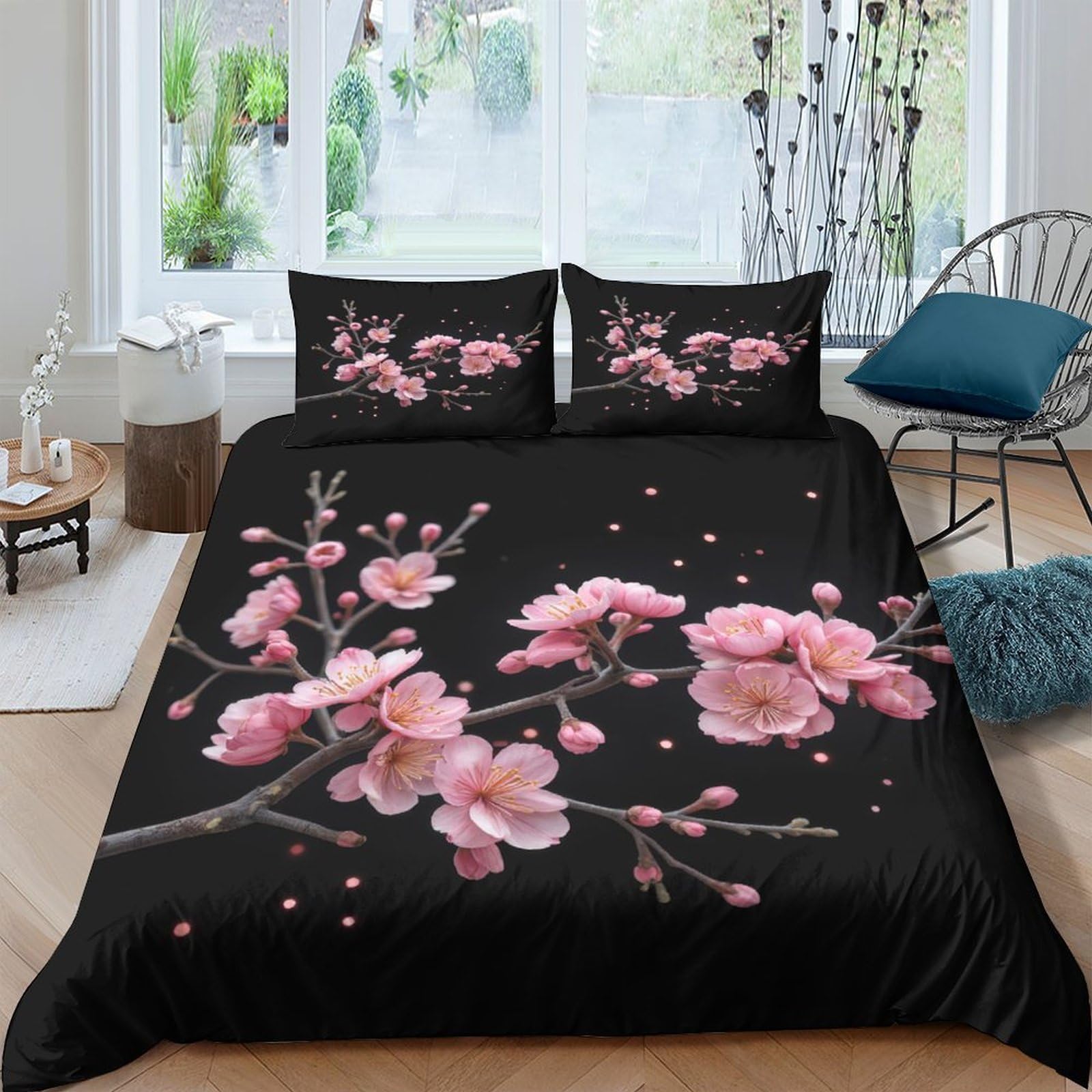 Ctjqhvkz Style-3 3D Printed Cherry Blossom Fitted Sheet Microfiber Soft Black Floral Bed Cover For Bedroom Dorm Mattress Decor Single（135X200cm）