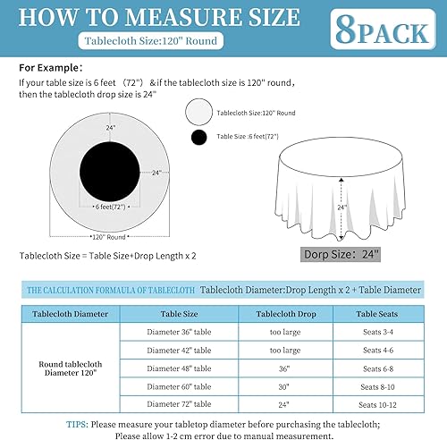 Miniatura 3 de Paquete de 8 manteles redondos negros de poliéster de 120 pulgadas, tela lavable, resistente a las manchas y a las arrugas, para bodas, fiestas,