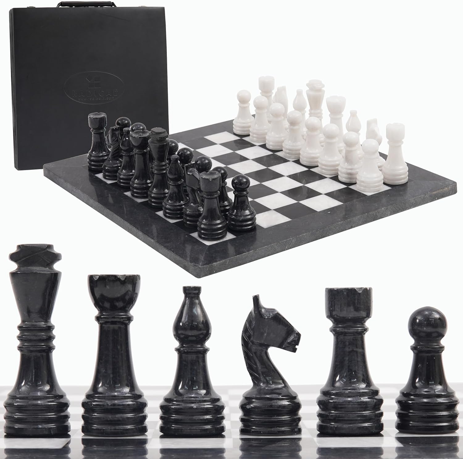 Radicaln Marble Chess Set 15" Inches Black & White with Storage Box Handmade Classic Board Games for Adults, Luxury Marble Chess Board & Chess Pieces for Gifts