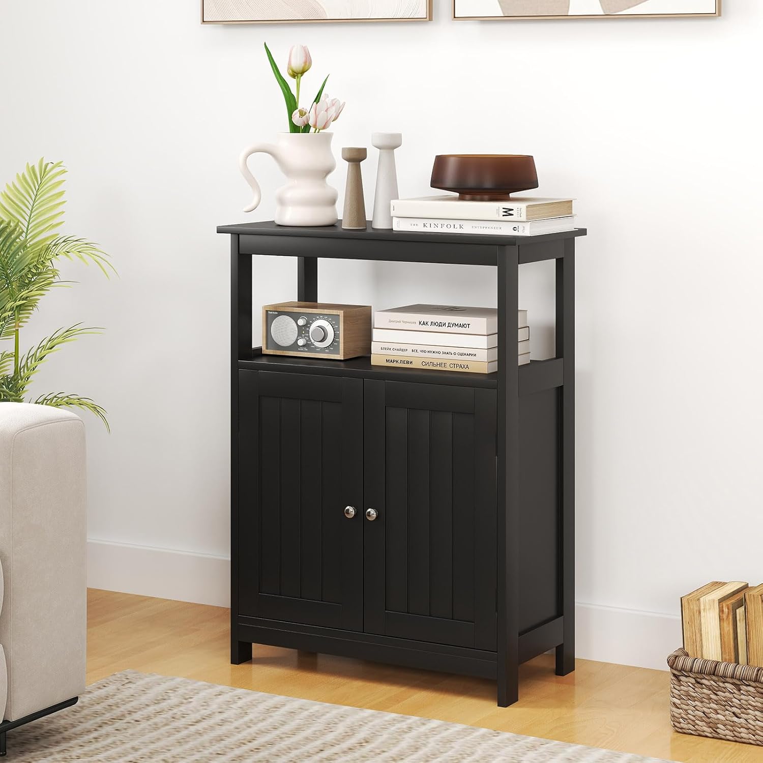 GOFLAME Bathroom Cabinet, Floor Storage Organizer with 2 Doors, 2 Open Shelves, 3-Level Adjustable Shelf, Modern Storage Unit for Laundry Room, Entryway, Living Room, Black