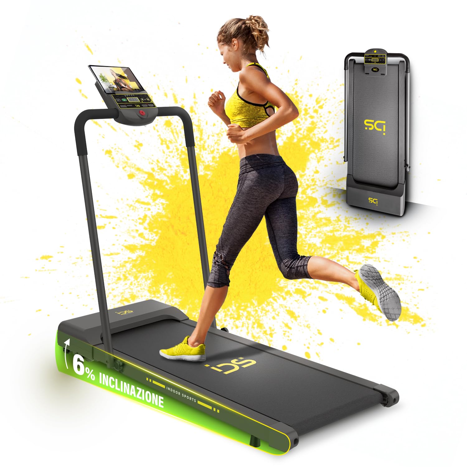 IDS Tapis Roulant Elettrico Salvaspazio, Marchio ITALIANO, 12 km/h, INCLINAZIONE, Compatto, Pieghevole, Display, Supporto Tablet, Telaio Rinforzato, Garanzia e Assistenza ITALIA Indoor Sports