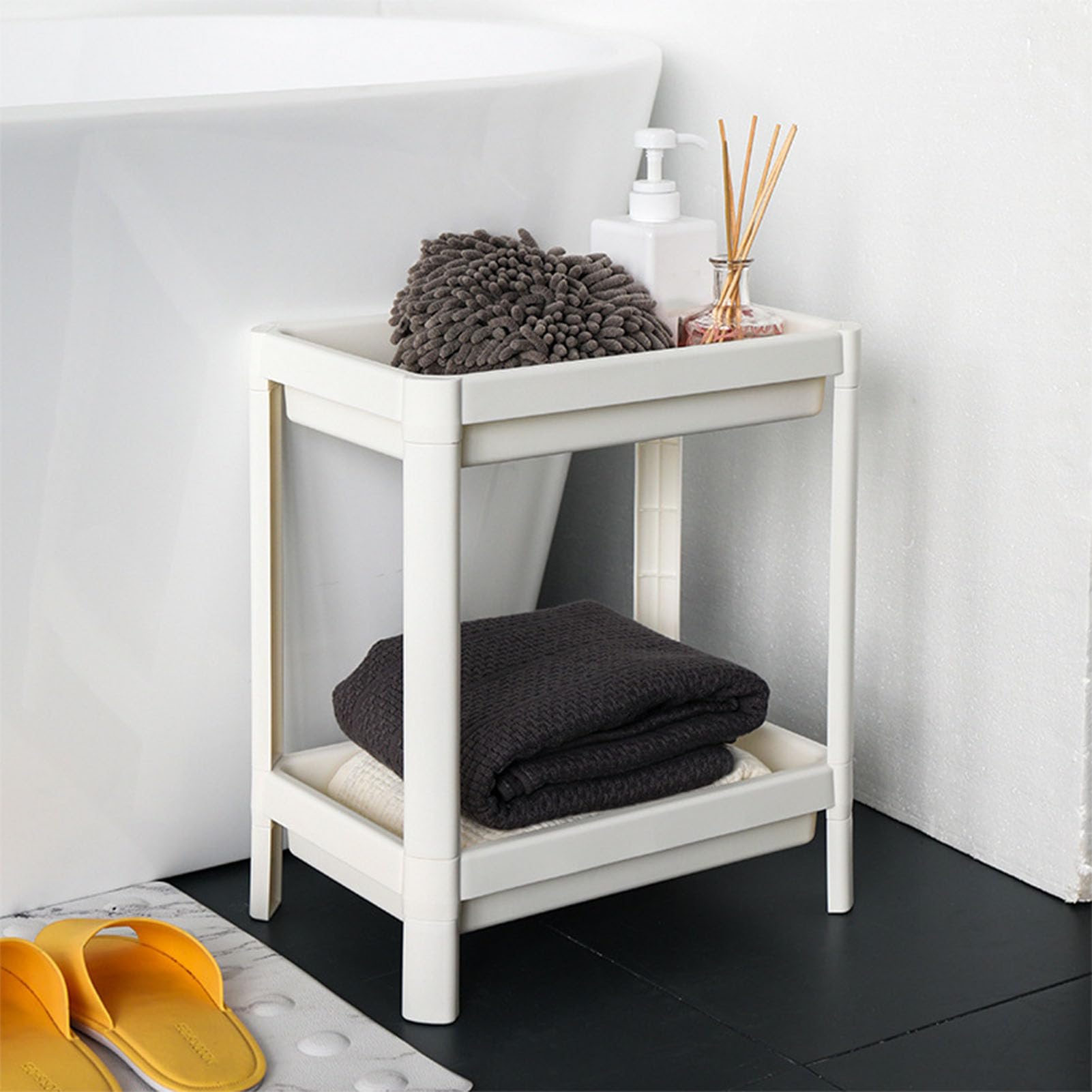 Estantería de suelo de baño de 2 niveles, estante de suelo con agujero de drenaje, multifuncional, estable, poco espacio, estante de pie para cuarto de baño, cocina