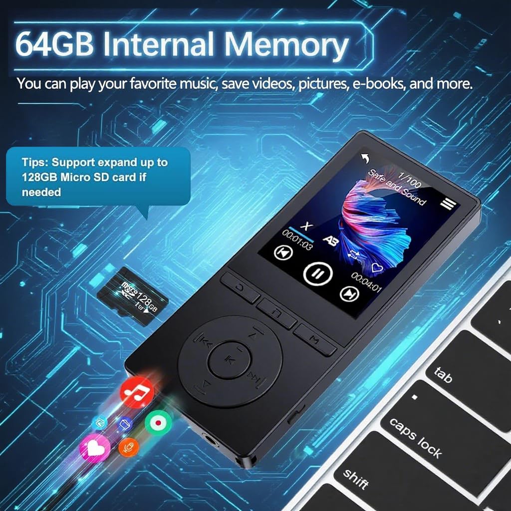 Lettore MP3 da 64 GB con Bluetooth 5.3, lettore musicale HiFi, auricolari inclusi, scheda TF inseribile, nero