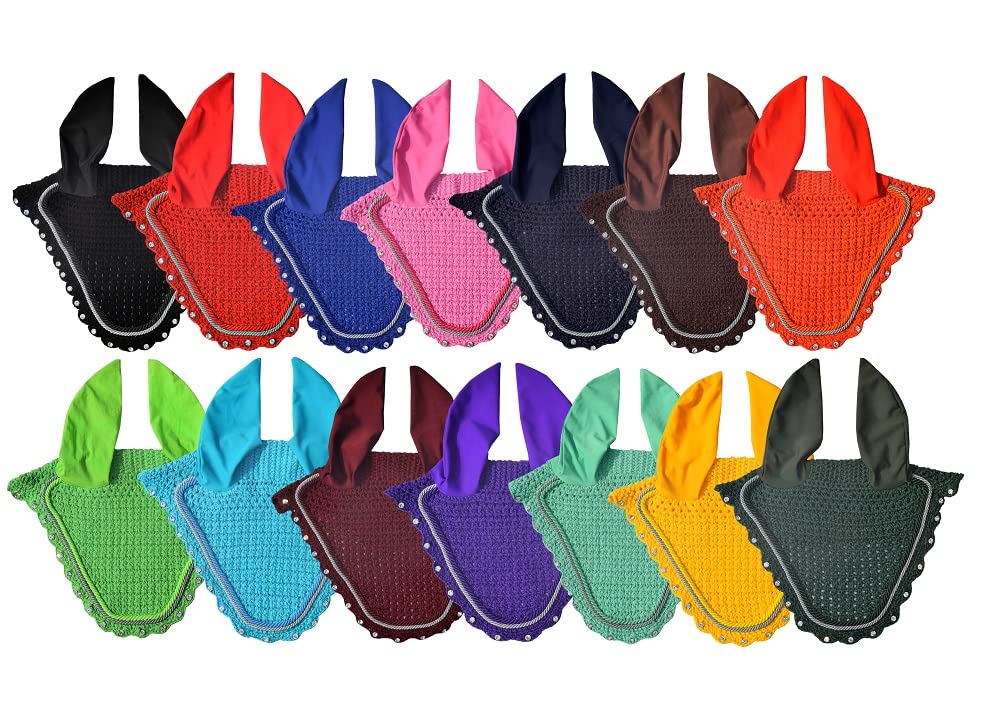 Crystal Horse Fly Bonnet 15 Colors Double Piping Ear Net Fly Veil Mask Breathable Cotton Crochet Tack Equestrian Full Cob Pony (Pony, Royal Blue)