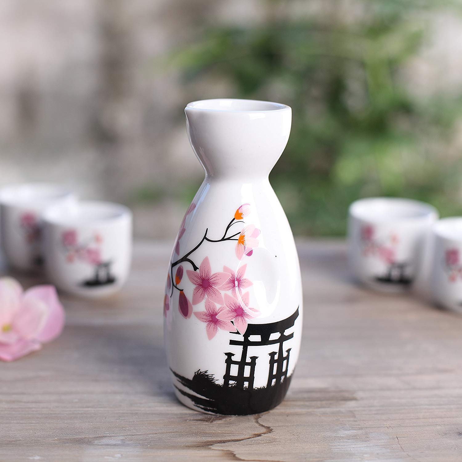 Lawei Set di sake giapponese in ceramica, 5 pezzi, motivo: fiori rosa