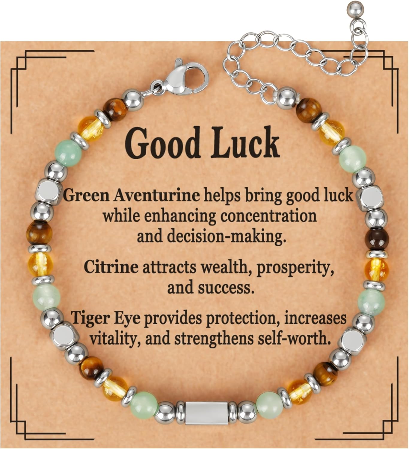 Natural Healing Crystal Bracelet for Women, Triple Protection Anxiety Relief New Beginnings Good Luck Empath Protection Jewelry Gift for Friends Daughter Mom 6.5+1.8 Inches