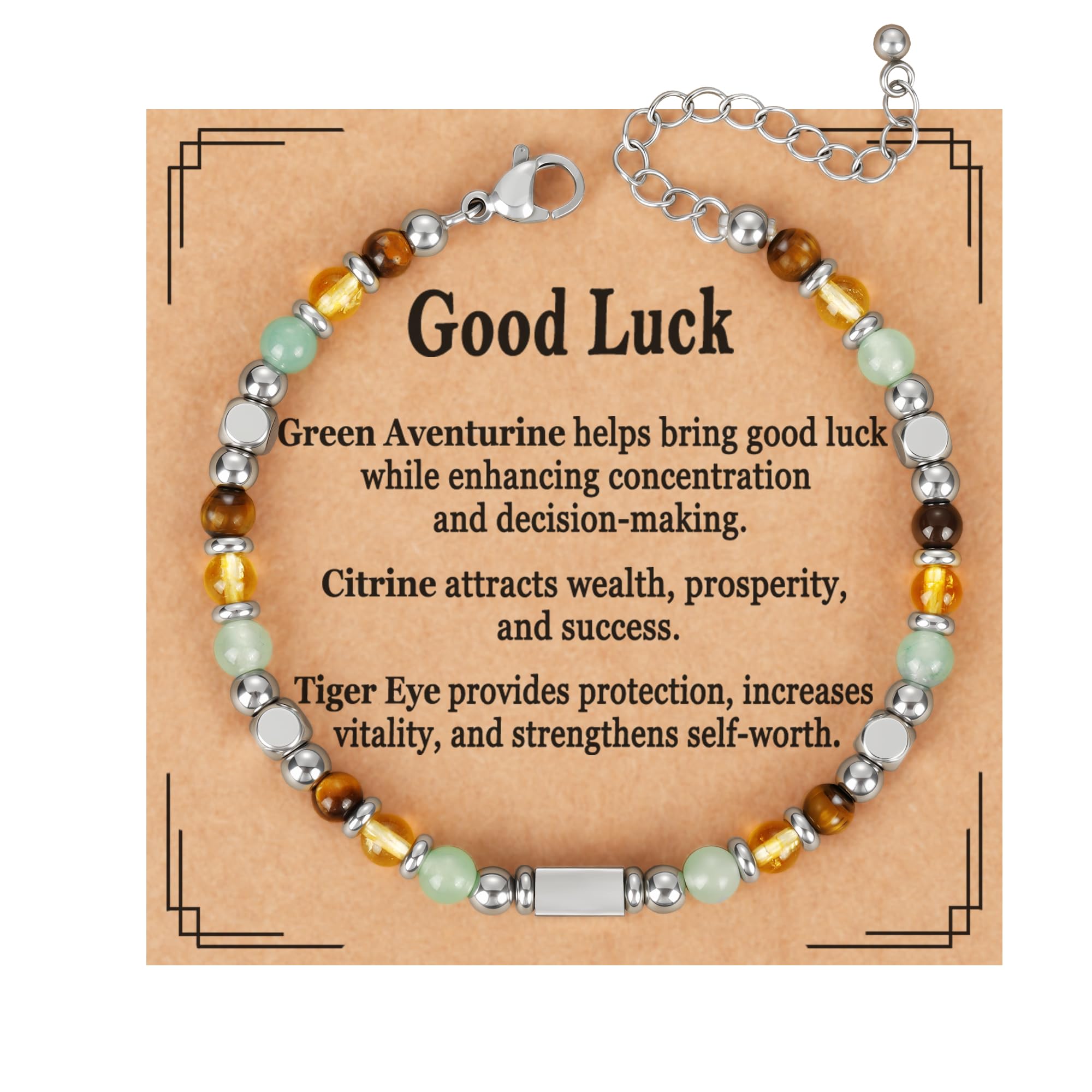 Natural Healing Crystal Bracelet for Women, Triple Protection Anxiety Relief New Beginnings Good Luck Empath Protection Jewelry Gift for Friends Daughter Mom 6.5+1.8 Inches