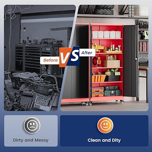 Miniatura 99 de Yizosh Armario de almacenamiento de metal para garaje con 2 puertas y 5 estantes ajustables, gabinete de archivo de acero con cerradura de 71 Negro