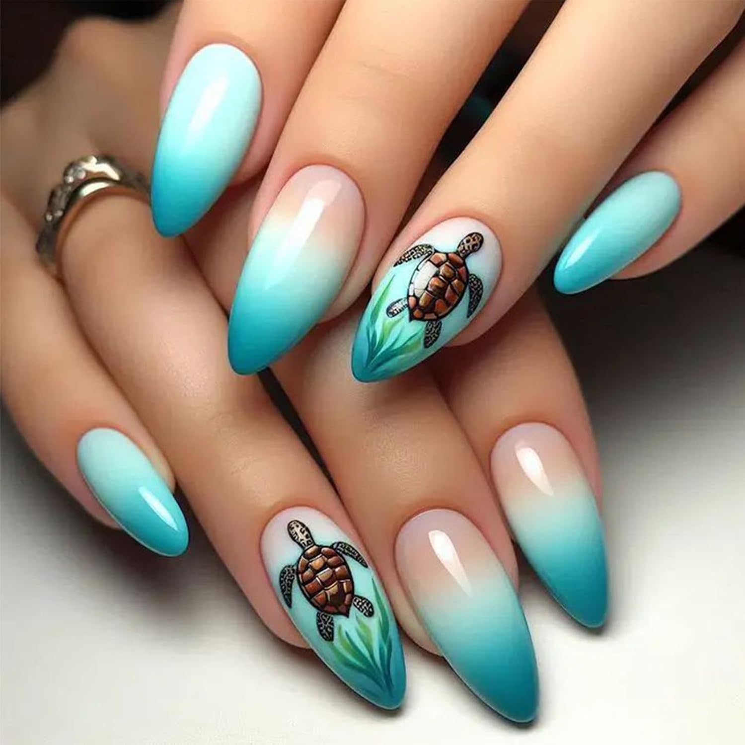 Summer Press on Nails Medium Almond - Gradient Green Ocean Design