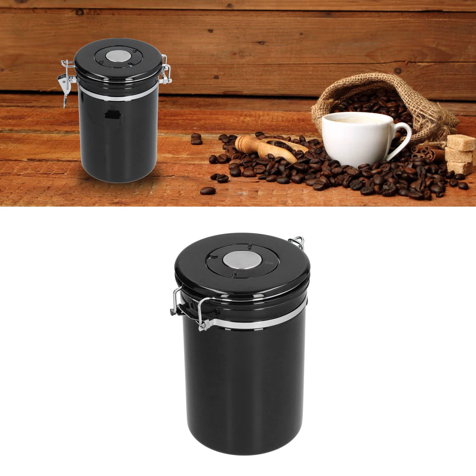 Botes de café de acero inoxidable con rueda de calendario, tarro hermético de almacenamiento de granos de café, recipiente de café de acero inoxidable 304 con válvula de escape (1.8L negro)