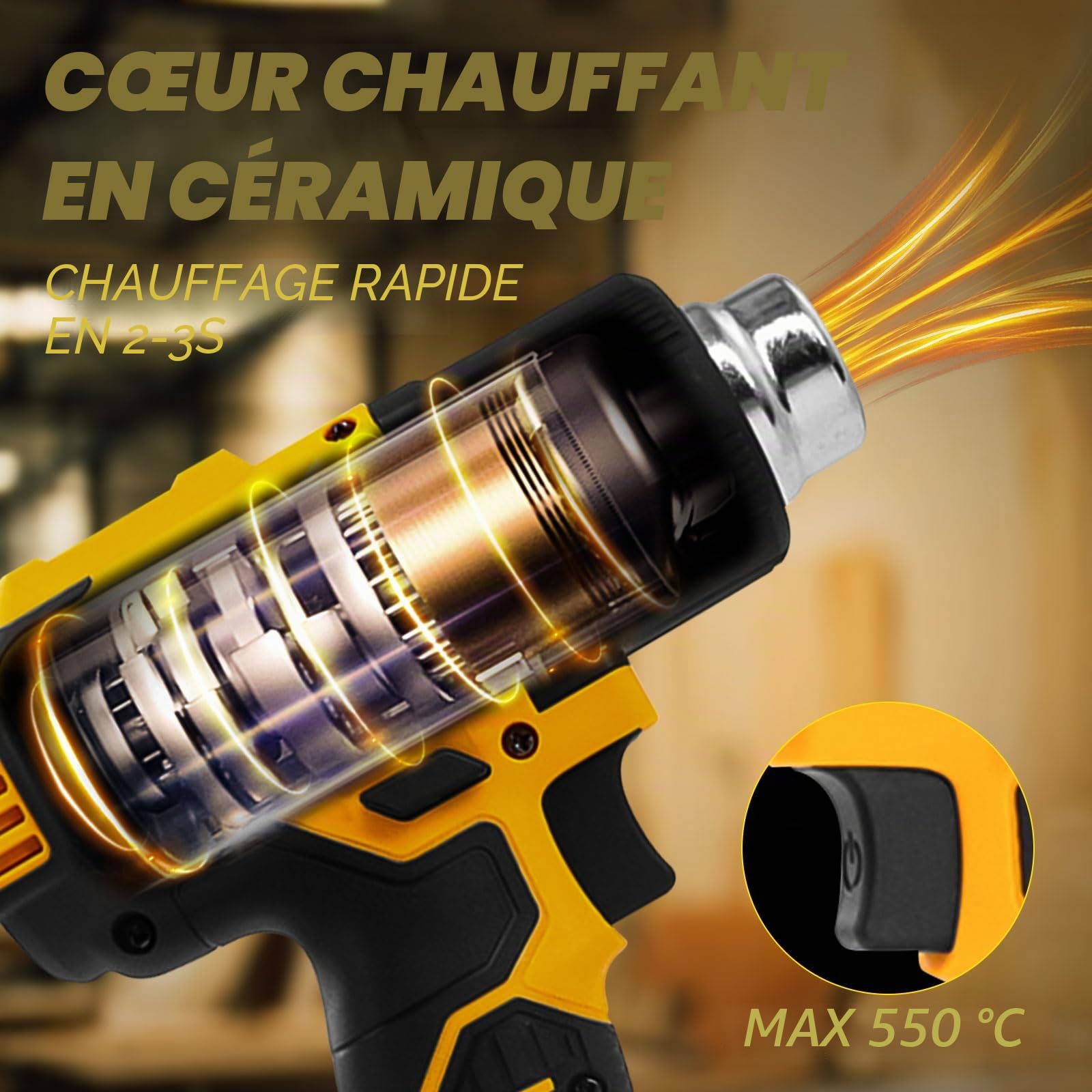 Pistolet thermique sans fil pour batterie Dewalt 20 V, pistolet à air chaud 50 ℃ à 550 ℃ avec affichage numérique, chauffage rapide, température et débit d'air réglables avec 5 buses