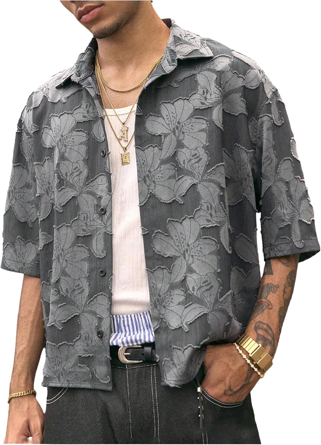 Men's Floral Button Down Crop Shirt Half Sleeve Collared Cropped Top Streetwear 70s Hippie Shirts