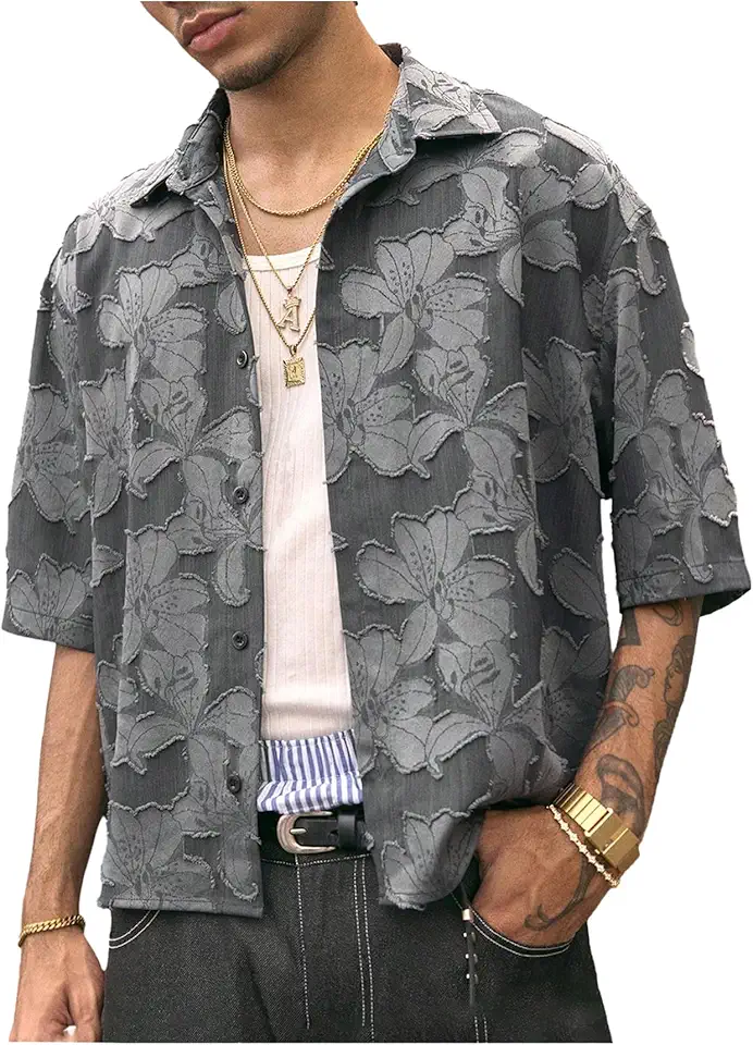 Men's Floral Button Down Crop Shirt Half Sleeve Collared Cropped Top Streetwear 70s Hippie Shirts