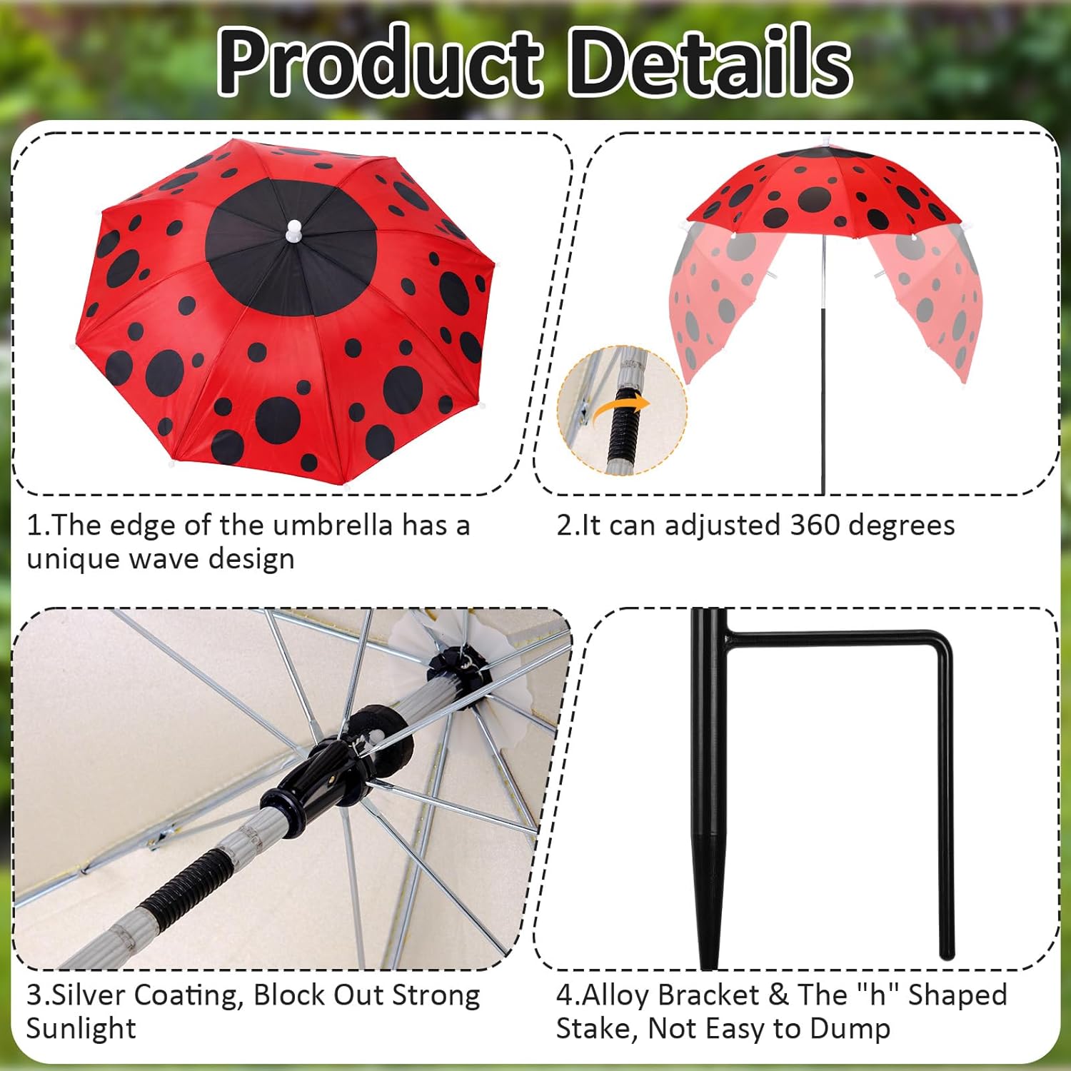 8 Pack Plant Umbrellas for Outdoor Plants, Upgraded Joints-enhanced Wind Resistance, Adjustable Height, Large Garden Umbrella Shade for Potted Plants Bed Flower Pot (Ladybug)
