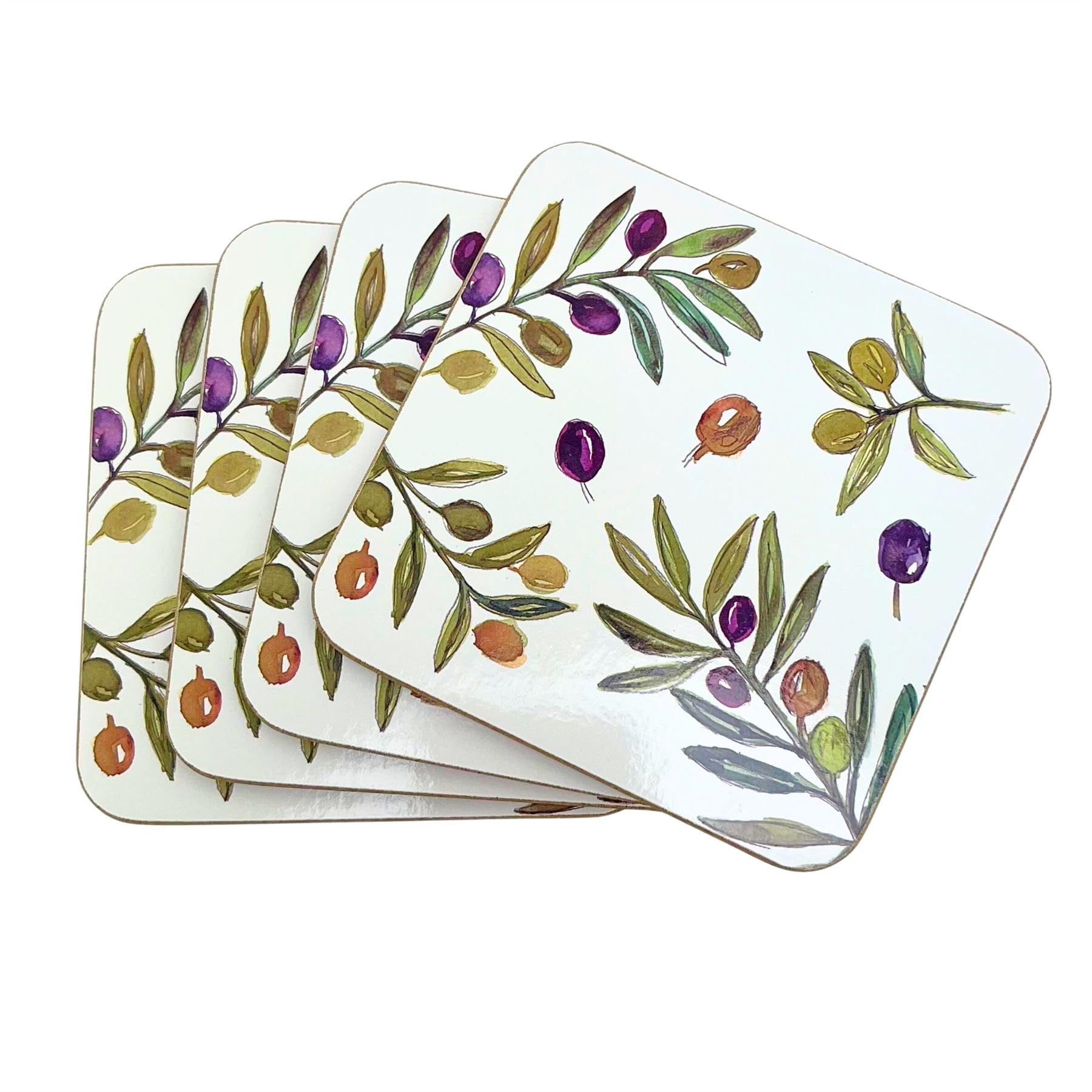 Olive Grove Set of 4 Cork Backed Coasters, 10.5cm Mediterranean Design Drinks Coasters for Tables