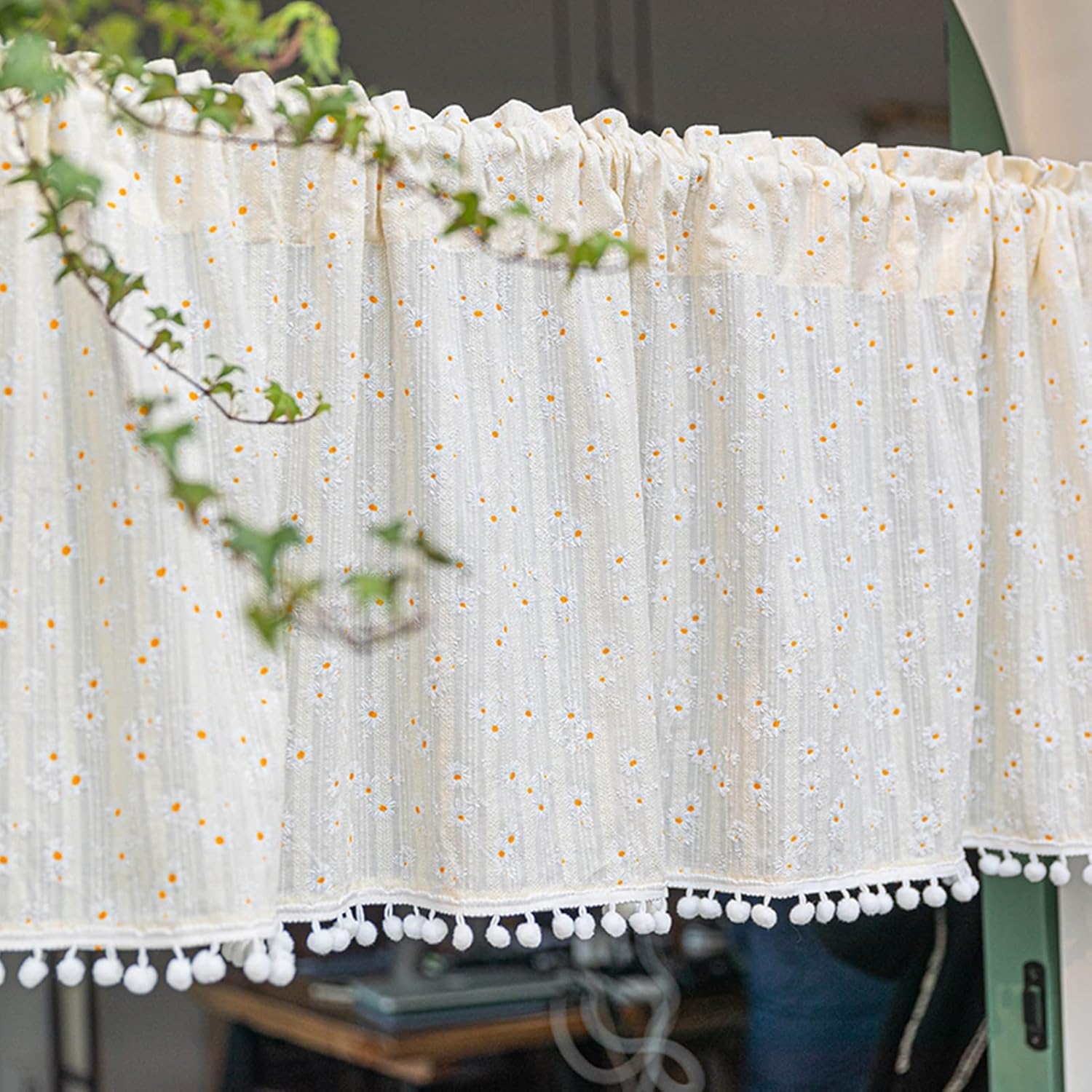 Cotton Kitchen Curtain, Rural Style Small Flower Tier Curtains Valance Panels Rod Pocket, For Decor Windows, Cabinet, Cafe, Living Room, Bedroom, Bathroom ( Color : Light yellow , Size : W250xH80cm )