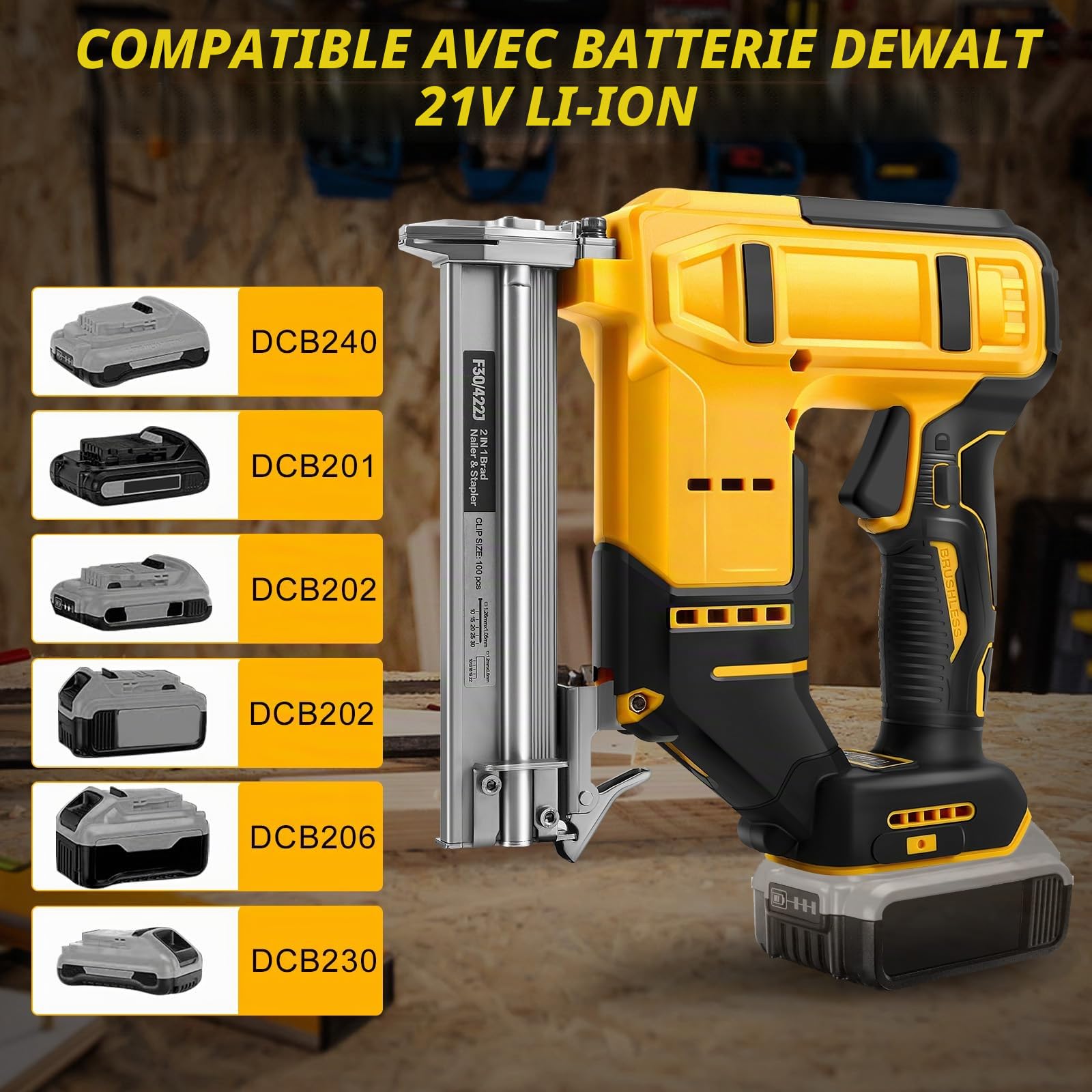 Cloueuse brad sans fil pour Dewalt 20V (sans batterie) | Agrafeuse électrique, 18GA, sans balais, 500 clous, 500 agrafes, 2 modes, pistolet à clouer sans fil, pour tissus, bois