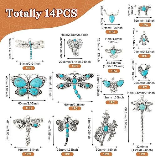 Miniatura 5 de pandahall 14 dijes de turquesa estilo tibetano, aleación bohemia, mariposa, libélula colgante, dijes retro de animales, insectos, joyería