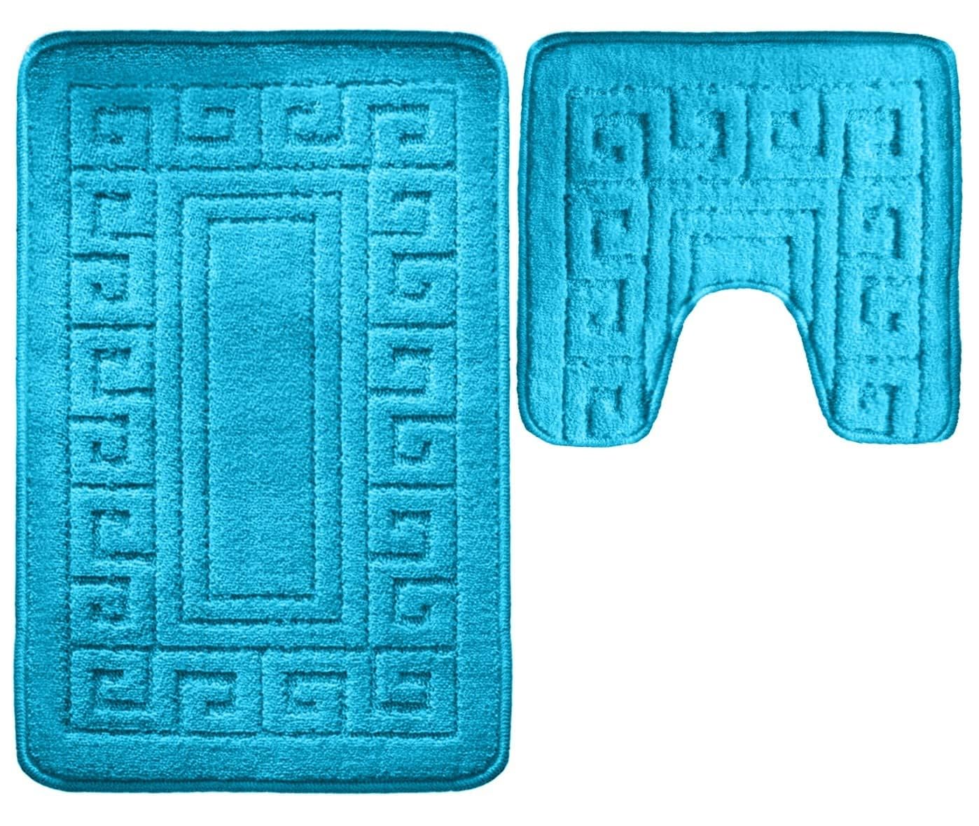 FabFill Greek Bathroom Mat Set 2 Piece – Bath and Toilet Mat Set, Non Slip Toilet Floor Mat & Pedestal Mat, Soft Absorbent Washable Bathroom Mats (Aqua)