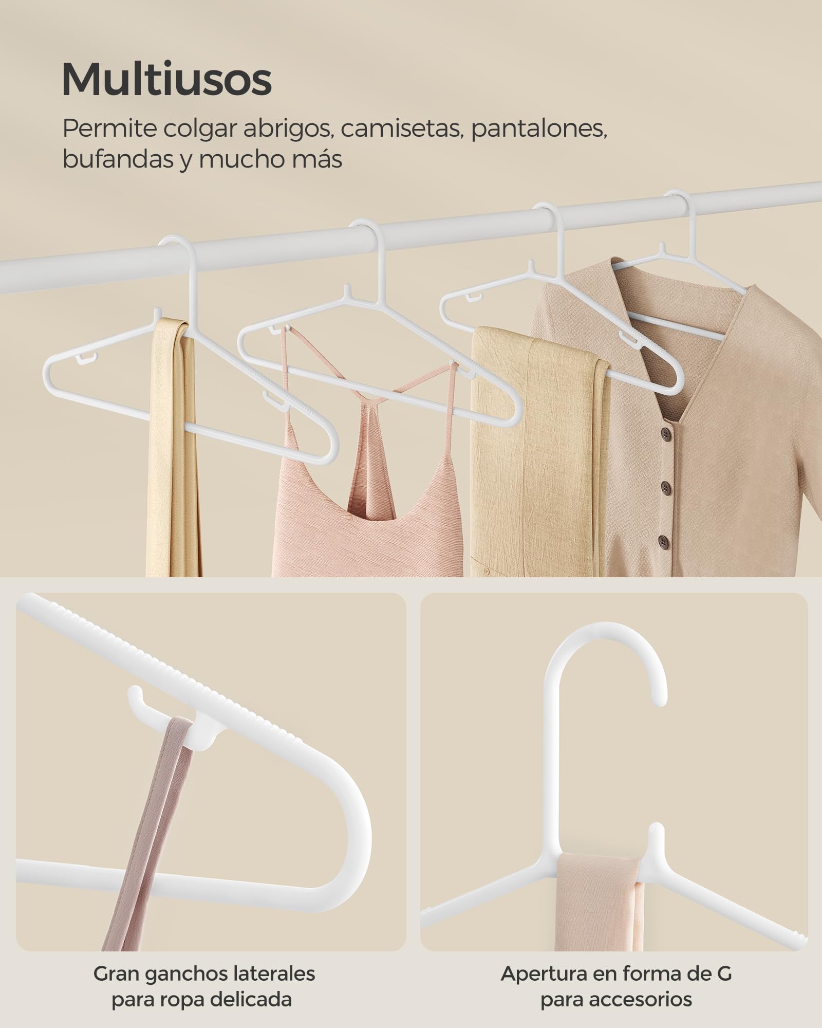 SONGMICS Juego de 30 Perchas de Plástico, Percha Que Ahorra Espacio, Perchas Ligeras, para Pantalones, Abrigos, Vestidos, Blanco CRP009W30