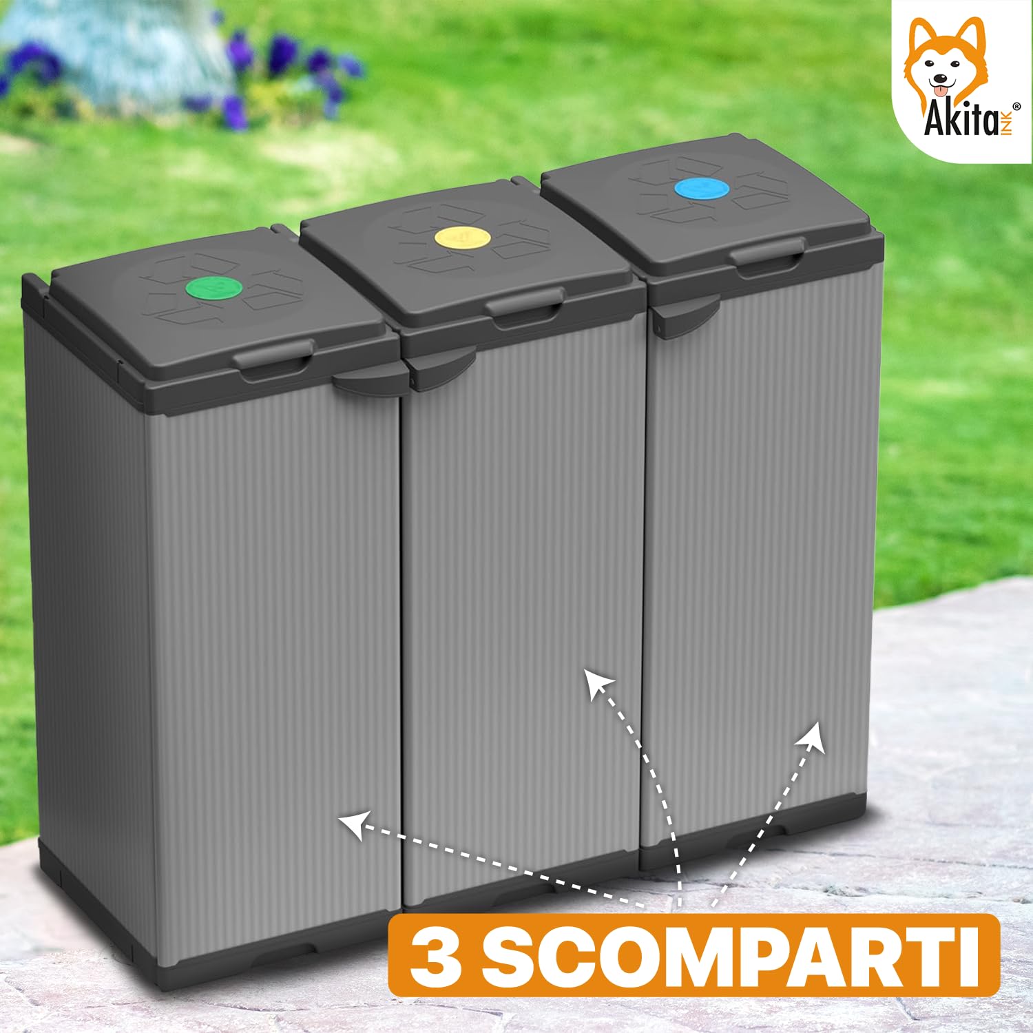 AKITAInk Pattumiera Sistema di Raccolta Differenziata Akitris – Set di 3 Contenitori con Scomparti Separati per Rifiuti, Capacità Totale 80-110 litri, Misure: 102x39,5x85 cm – Prodotto in Italia