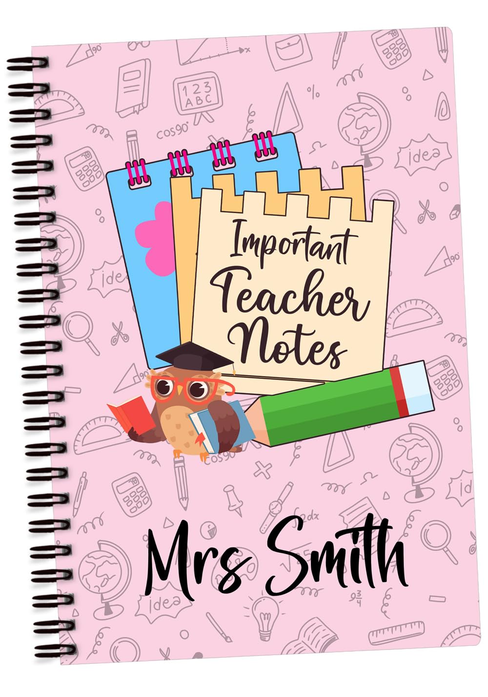 EnvyFone Personalised A5 Notebook - Important Teacher Notes - Cute Owl - Add Name - Teacher Present, Teaching Assistant, Thank You Best Leaving Gift (Pink)