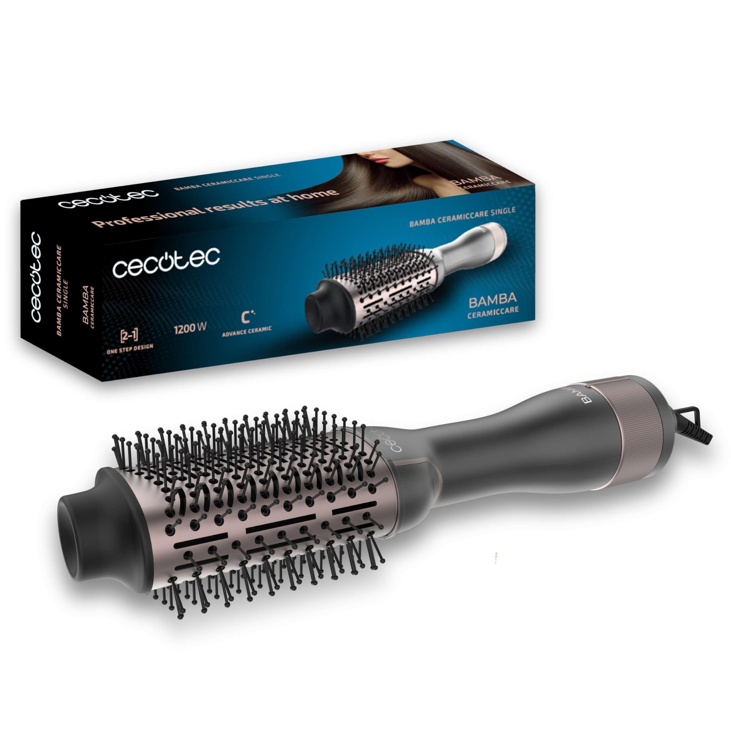 Cecotec Spazzola ad Aria Bamba CeramicCare Single. 1200W, Design One Step, 2 in 1, Scivolamento Ultra Morbido, 3 Temperature, 2 Velocità, Funzione Aria Fredda, Protezione da Surriscaldamento