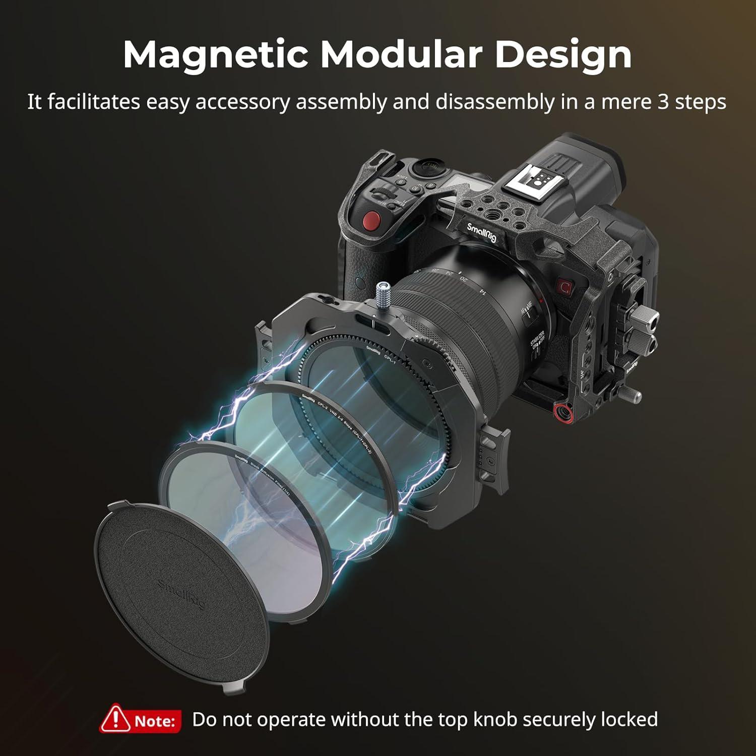 Magnetic modular design of the filter kit, showing filters attaching magnetically to the clamp.