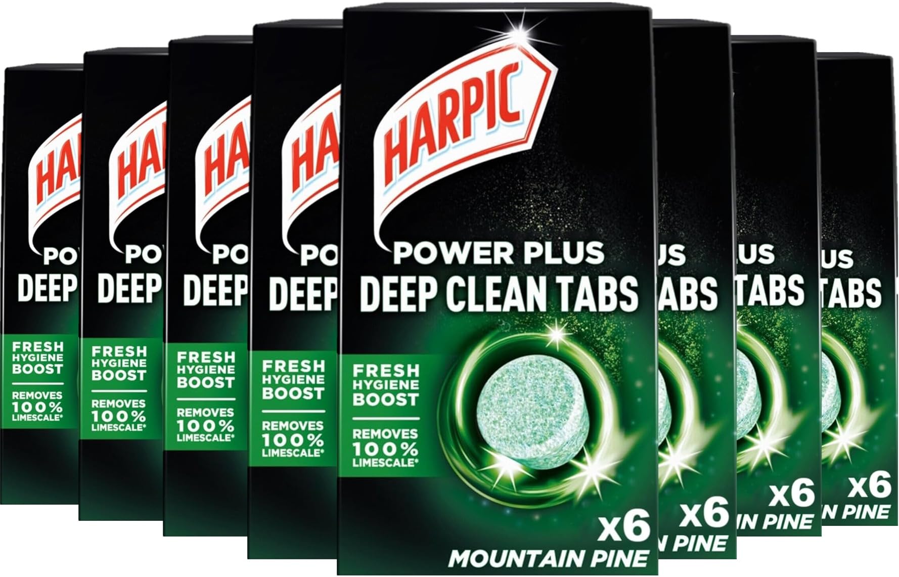 Harpic Power Plus tabletki do głębokiego czyszczenia, sosna górska, 6 tabletek, głębokie czyszczenie, bez szorowania, usuwa 100% kamienia, środek do czyszczenia toalet, 8 sztuk