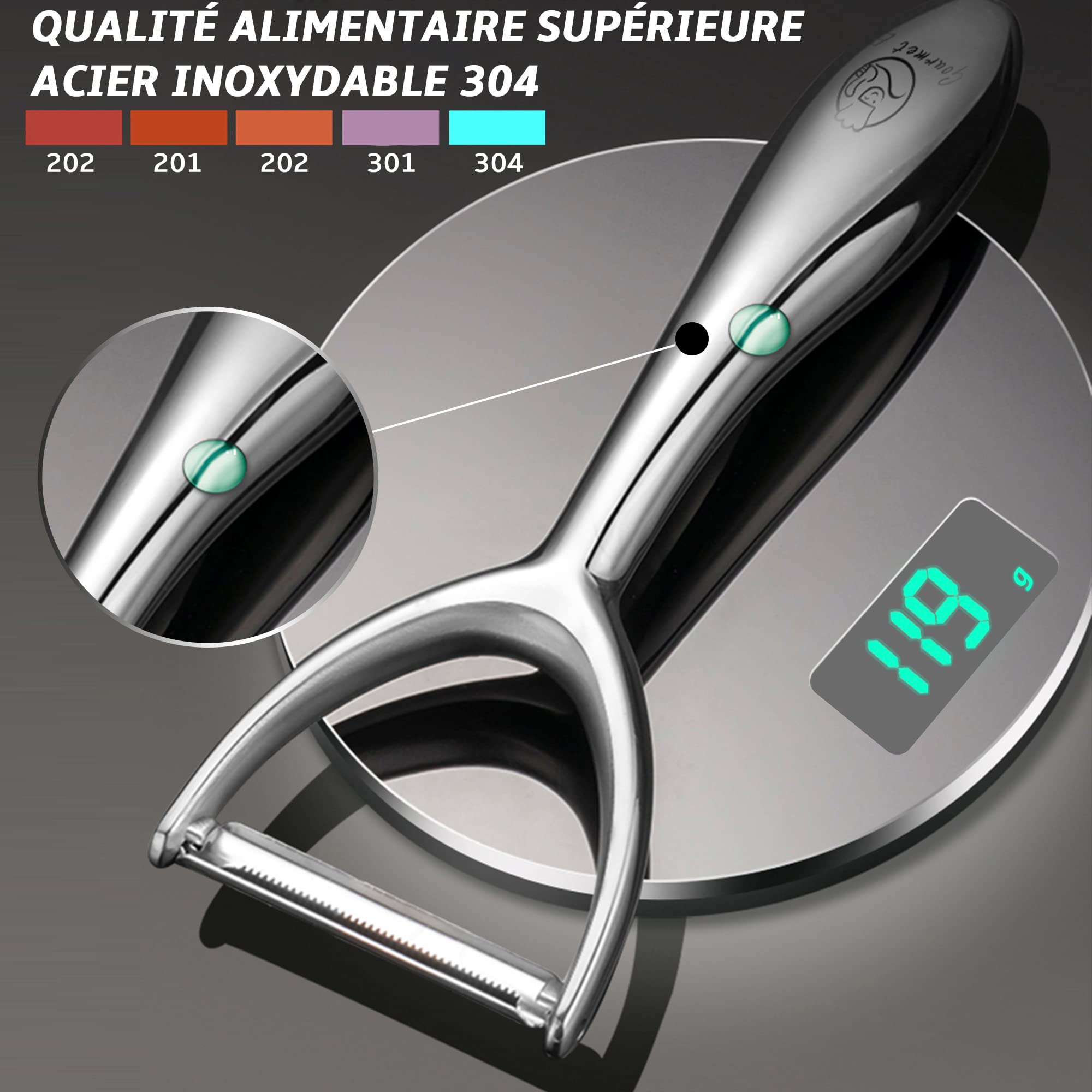 Économe en inox de haute qualité pour fruits et légumes I Eplucheur avec lame ultra-tranchante convenant comme eplucheur de pommes de terre et d'asperges avec poignée ergonomique et antidérapante.