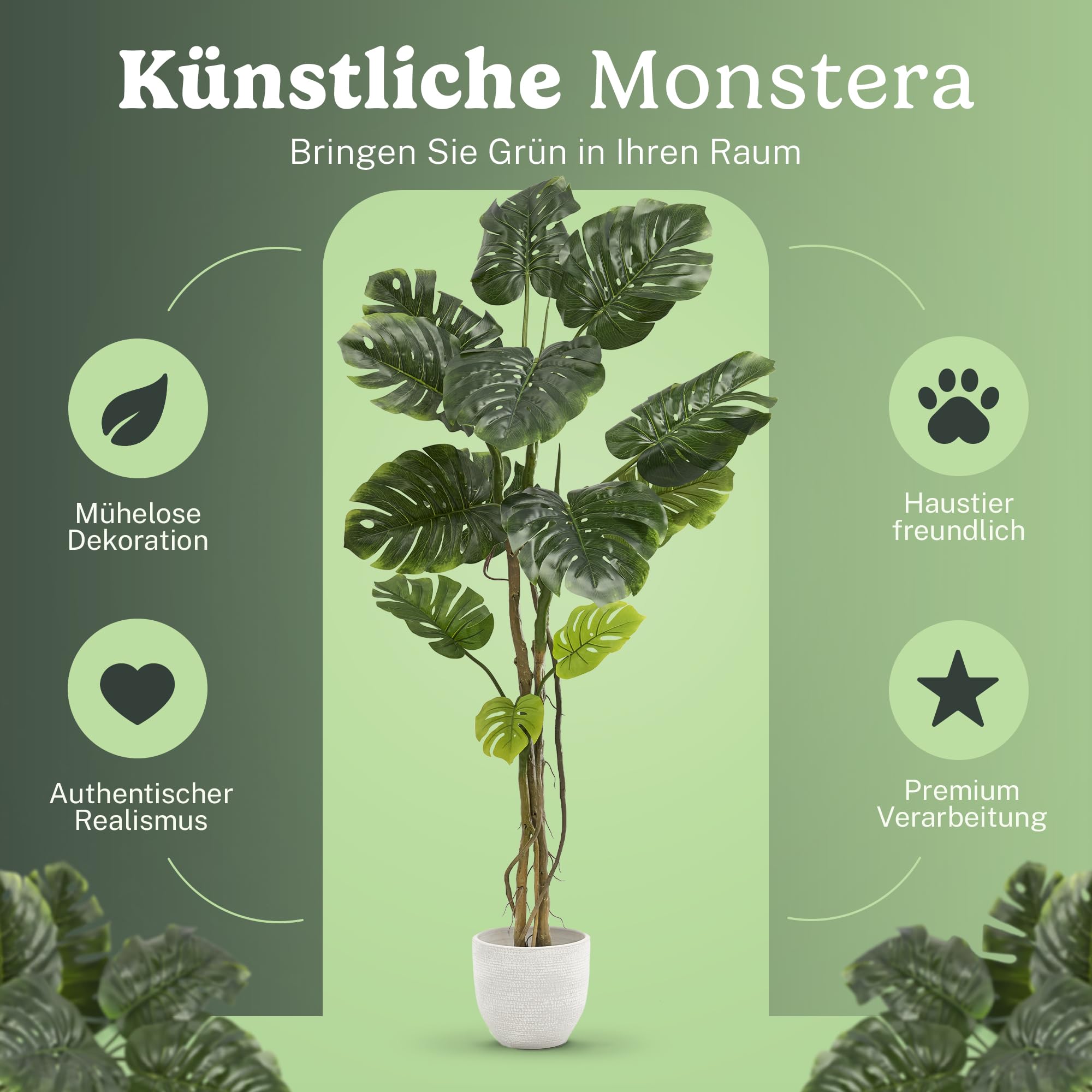 Maia Shop Monstera Künstlich 180 cm - Kunstpflanze wie Echt | Große Kunstpflanze mit Realistischen Blättern für Wohnzimmer Flur und Büro - Schwarzer Topf Inklusive