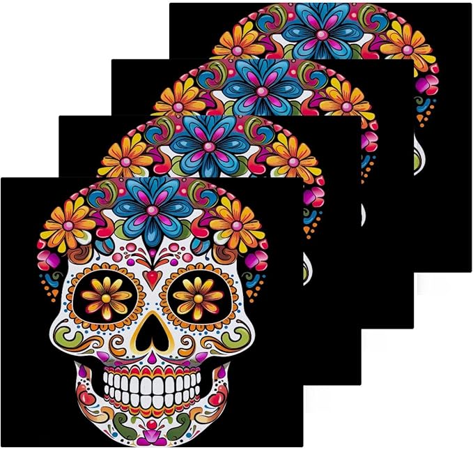 Mexican Sugar Skull Washcloths Towels, Highly Absorbent and Soft Cotton Face Cloths, 4 Pack Quick Dry Wash Cloths - 12 X 12 Inches