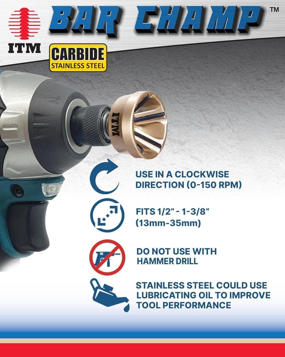 ITM Bar Champ - Medium - Premium Carbide External Chamfer Tool - Deburring Tool for Metal, Wood, Plastic - Ideal for Threaded Rod & Bolt Burr Removal - 3/8" Shank - Fits 1/2"- 1-3/8" (13mm-35mm)
