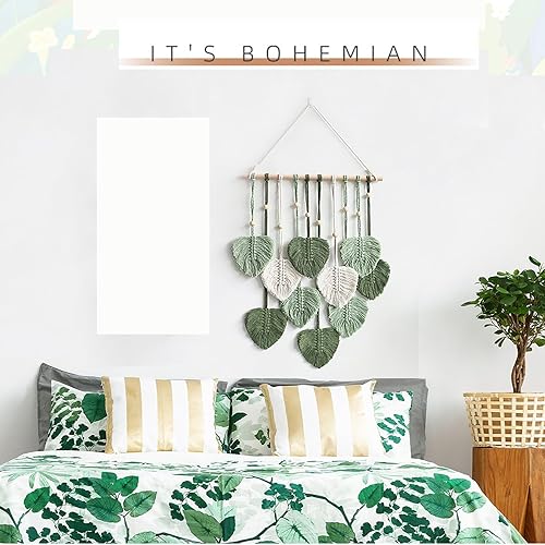 Miniatura 5 de MSFENG Tapiz para colgar en la pared, diseño de hojas, bohemio, decoración de pared tejida con plumas tejidas a mano, borlas de hilo tejido,