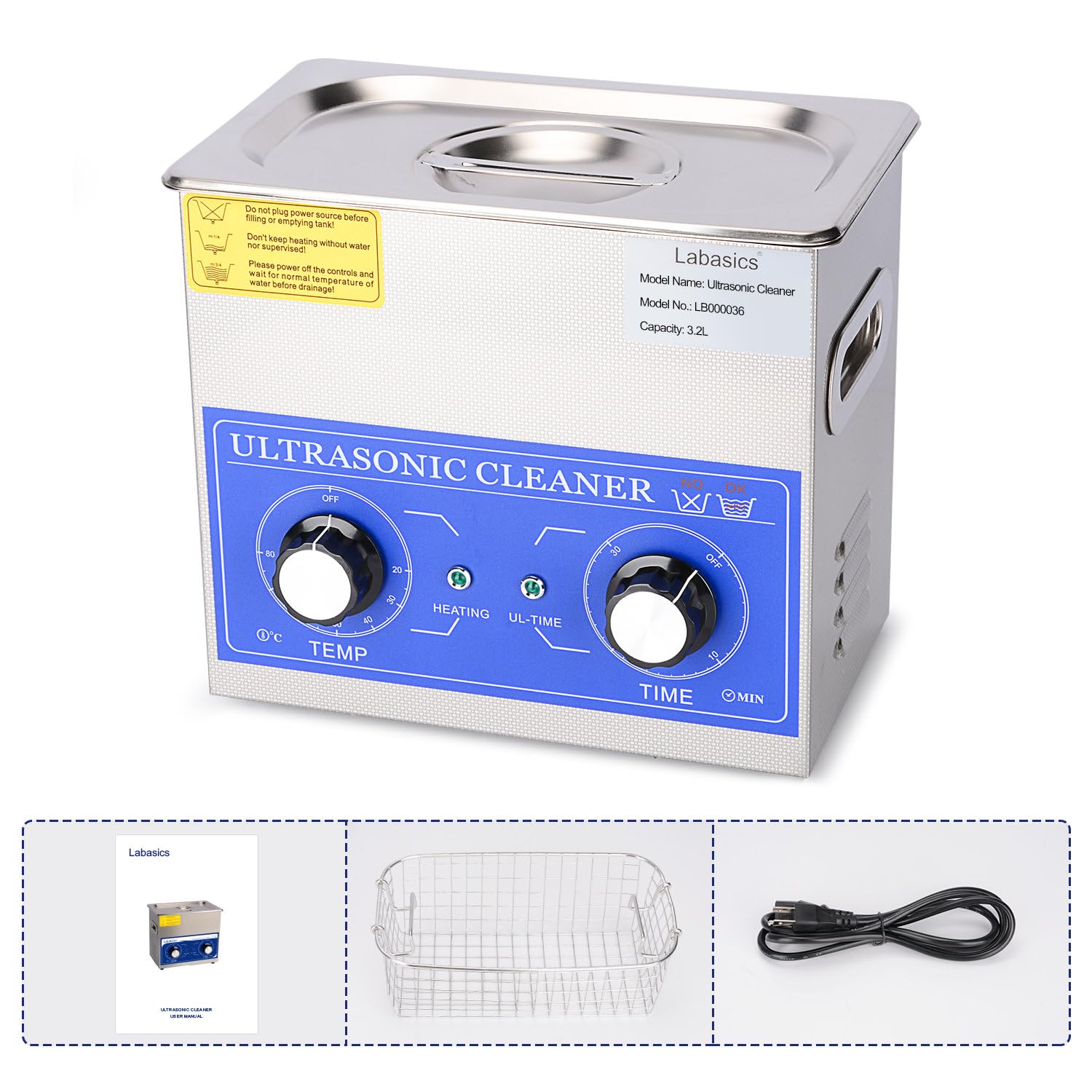 Labasics Ultraschallreiniger, 304 Edelstahl Allzweck-Ultraschallreiniger mit Mechanischem Bedienfeld für Heizung und Zeitschaltuhr für Labor 40kHz 220V, 3.2L