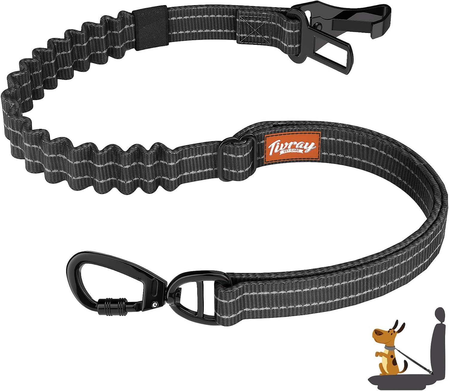 Adjustable Black Dog Car Seat Belt with Bungee & 360° Swivel Clasp Adjustable Black Dog Car Seat Belt with Bungee & 360° Swivel Clasp