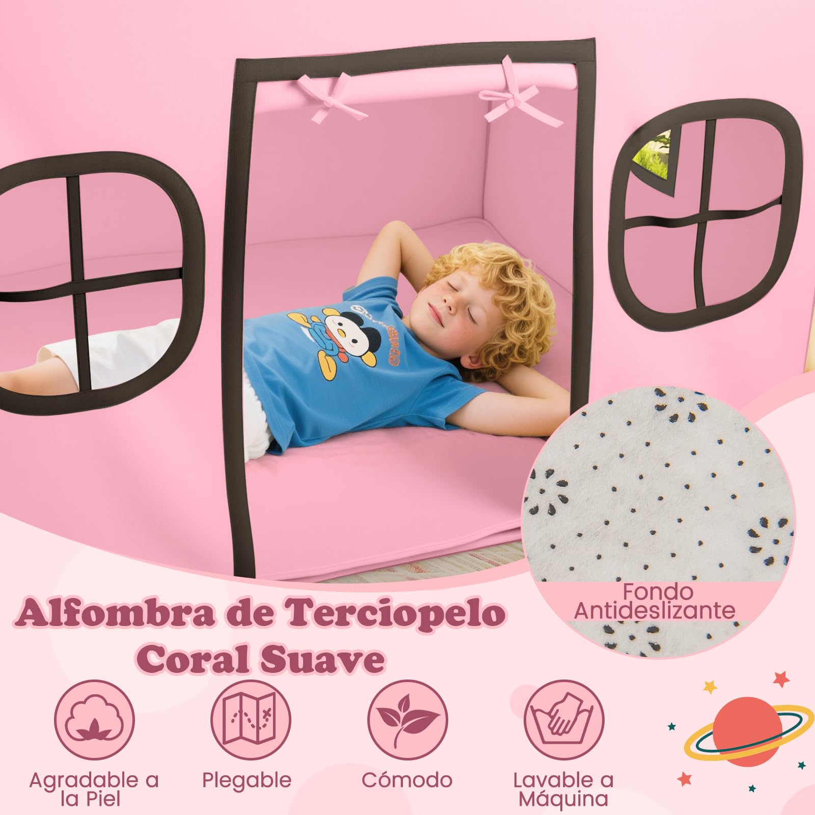 COSTWAY Tienda Campaña Infantil Rosa – Espaciosa Con Alfombra Extraíble, Ventanas De Malla Y Puerta De Gasa