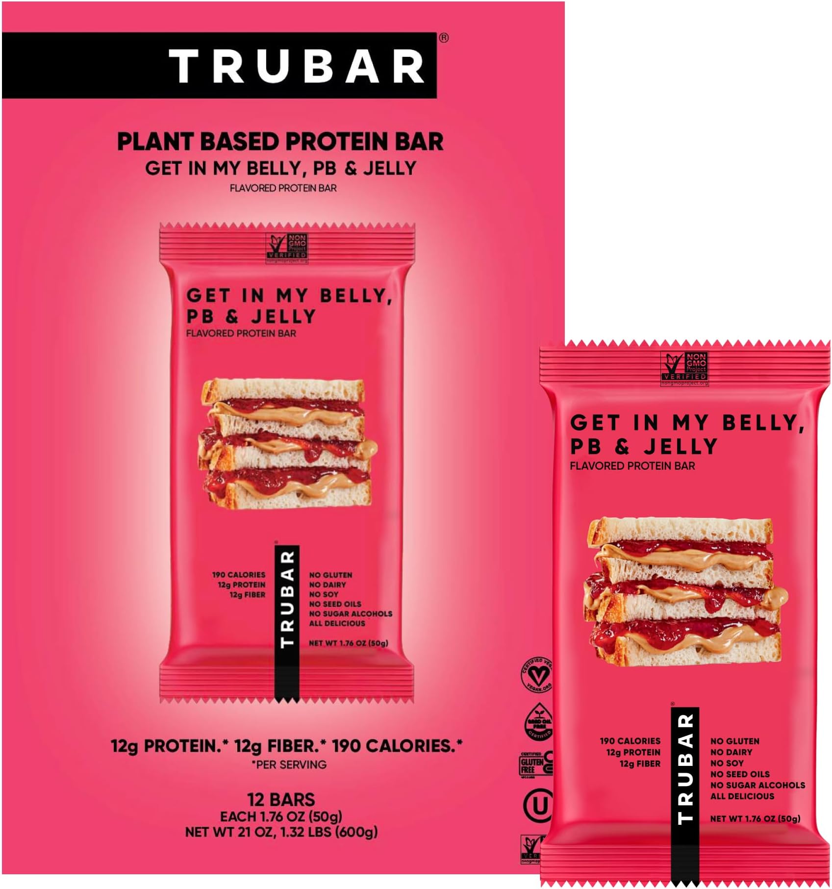 Vegan Protein Bar, Get In My Belly Pb & Jelly, Gluten Free, Plant Based, High Fiber, Dairy Free, Low Fat, Non GMO, No Sugar Alcohols, 12G Lean Protein, 13G Fiber, Healthy Snack Bars, 12 CT