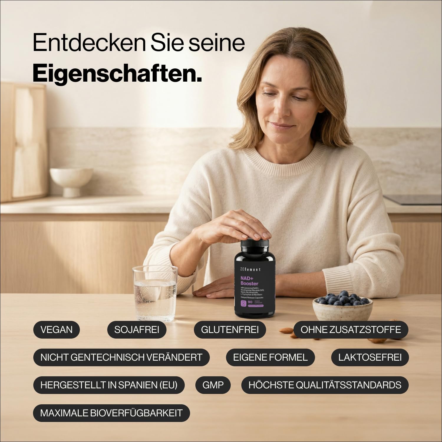 NAD+ Liposomal 500 mg mit Nicotinamide Riboside 250 mg – Doppelformel mit L-Tryptophan, Niacin und Riboflavin – 90 Vegane Kapseln mit Magensaftresistentem Überzug, 45 Tage – Zenement