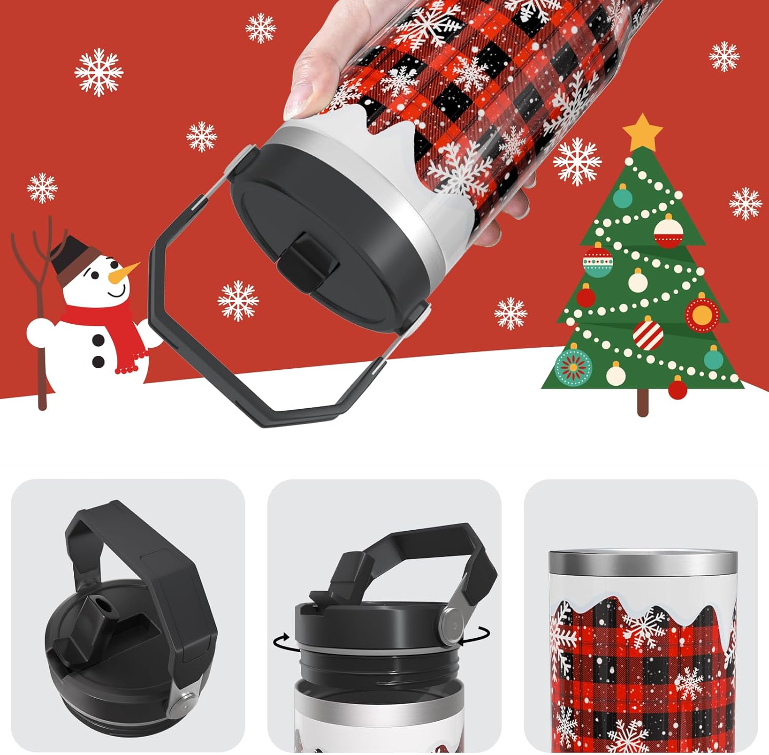 Christmas Red Buffalo Plaid Gifts for Women Men, 30 Oz Tumbler with Top Handle and Flip Straw, Snowflake Stainless Steel Insulated Travel Coffee Cup, Winter Holiday Water Bottle for Him Her (1 PC)
