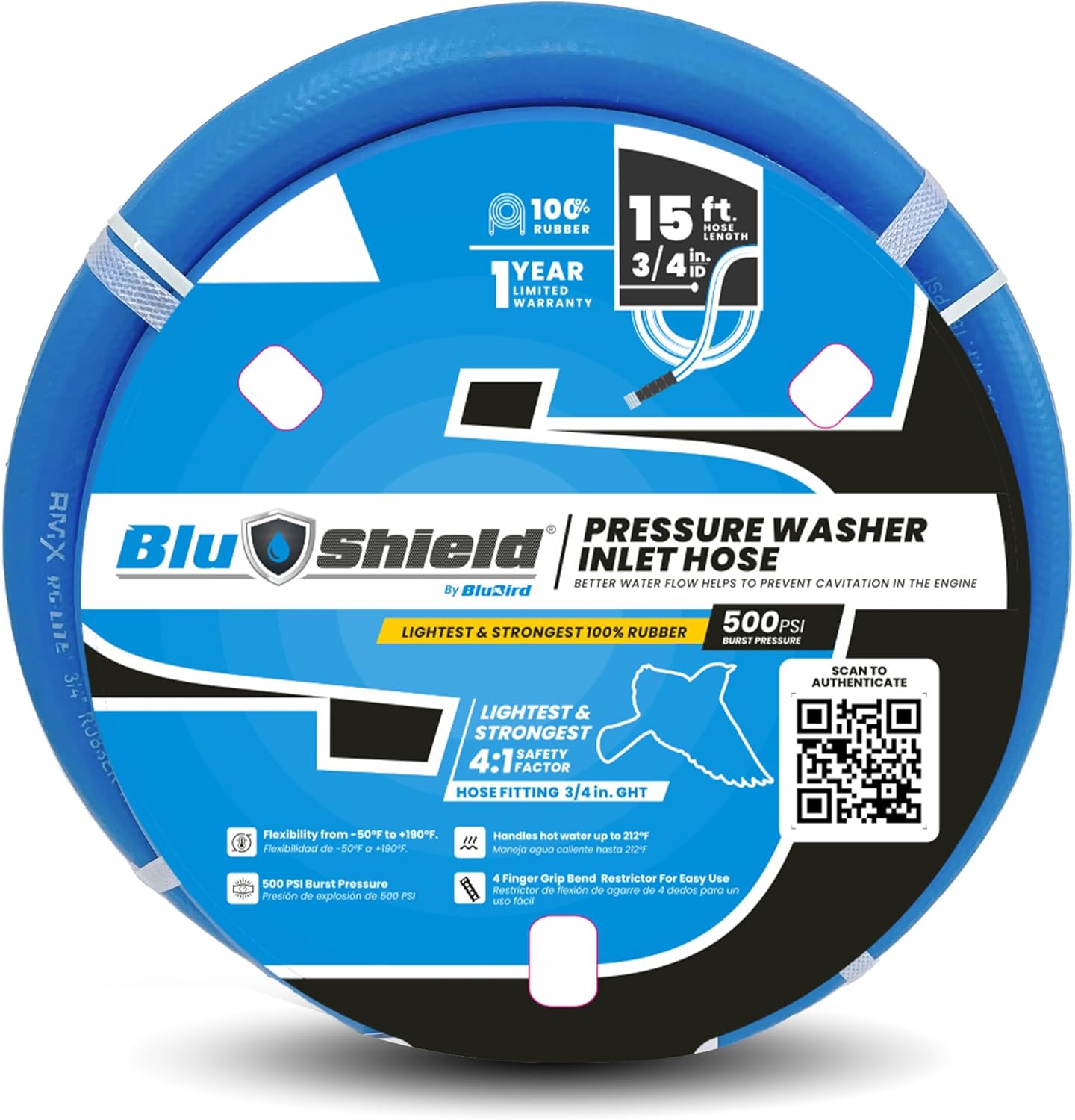 BluShield 3/4" Pressure Washer Inlet Hose with GHT Fittings (15 Feet)
