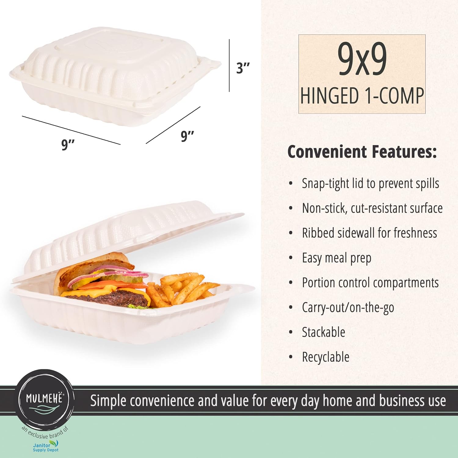 MULMEHË Mineral Filled Polypropylene Plastic Hinged Take Out Food Containers, 9x9x3, Vented Single Compartment, Natural White, 200 per Case