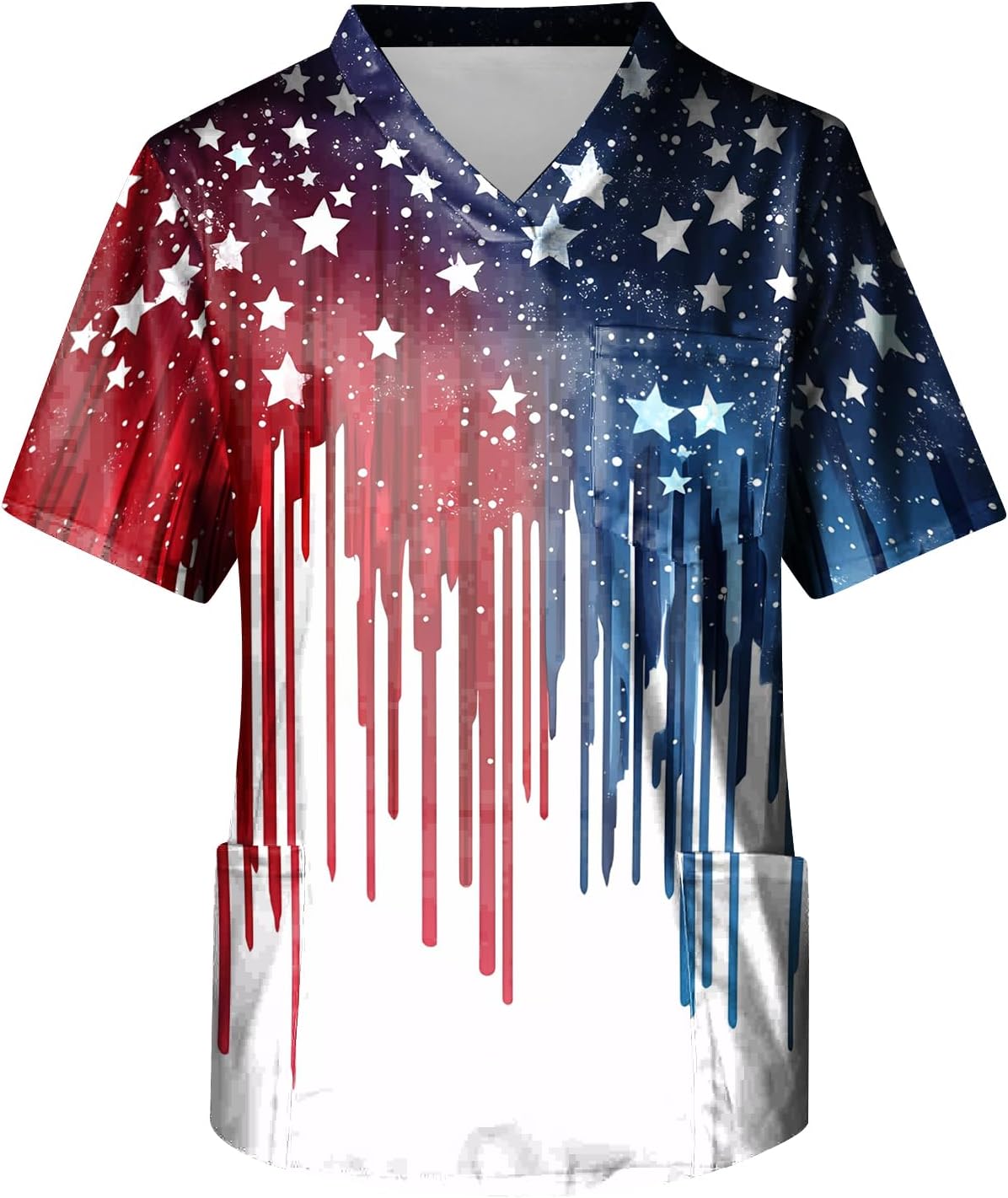 RTRDE Men's Work Shirts Short Sleeve Flag Print V-Neck Tunic Uniform Scrub Top with Pockets, S-5XL